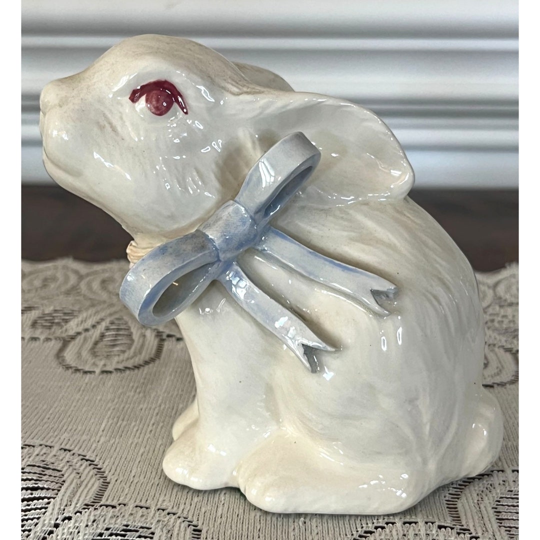 Vintage Ceramic Bunny With Ceramic Blue Bow and Roses. Pretty Accent ...