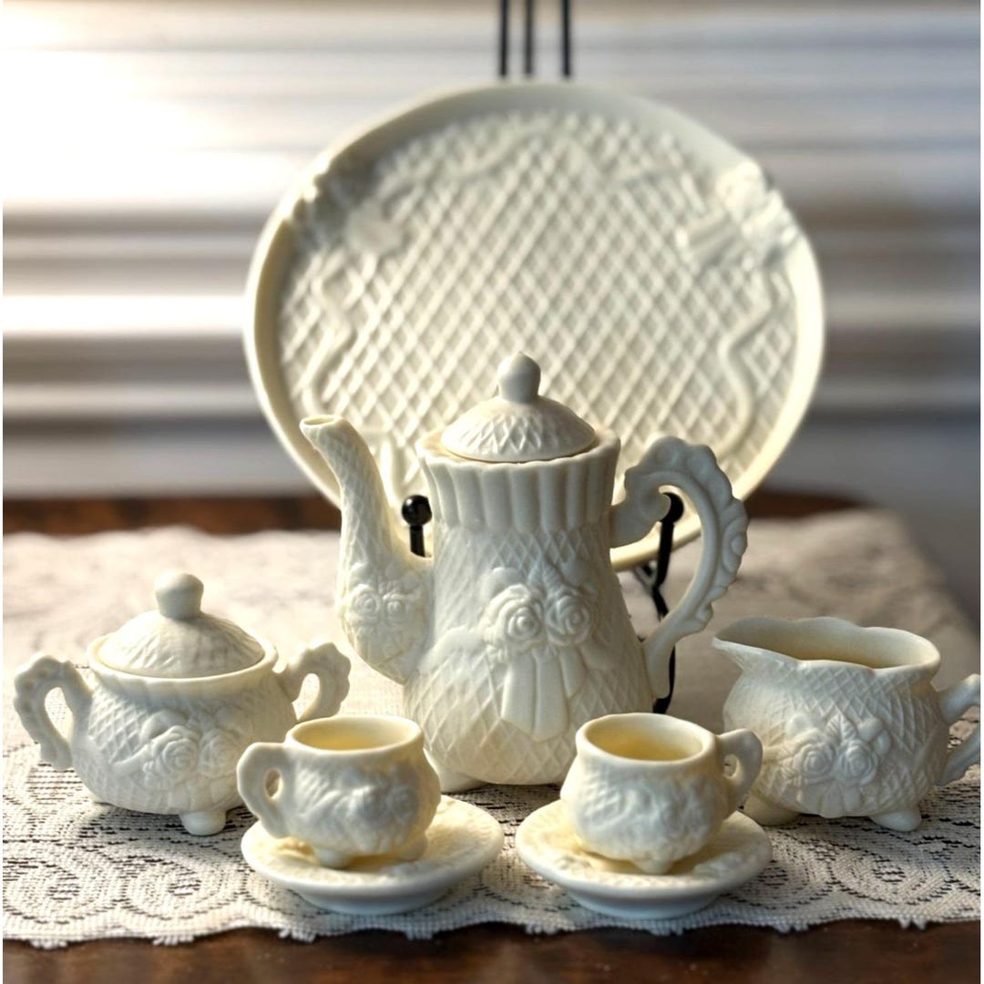 Miniature Tea Set, Ivory, Rose, Ribbon, Diamond Pattern, Scrolled ...