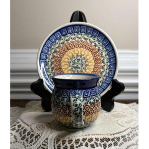 Polish Pottery, Athena, 7 ounce, Bubble Mug and 6 " plate, saucer, lovely patterned strip