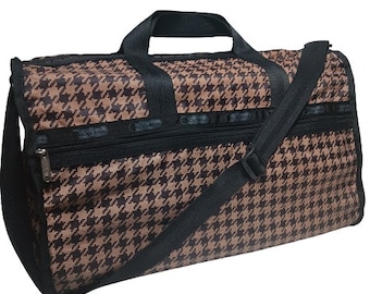 LeSportsac XL Weekender Travel Duffle Sporttas Crossbody Zwart Bruin Houndstooth Vintage