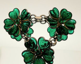 Gripoix Vintage Sterling Silver Chain Link Bracelet Handmade Green Glass Flowers