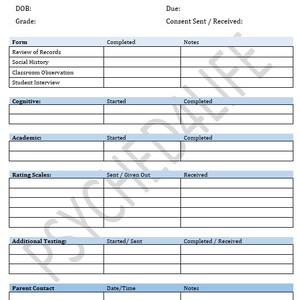 May include: A printable evaluation cover sheet with sections for student information, reason for referral, consent, form completion, rating scales, additional testing, and parent contact.
