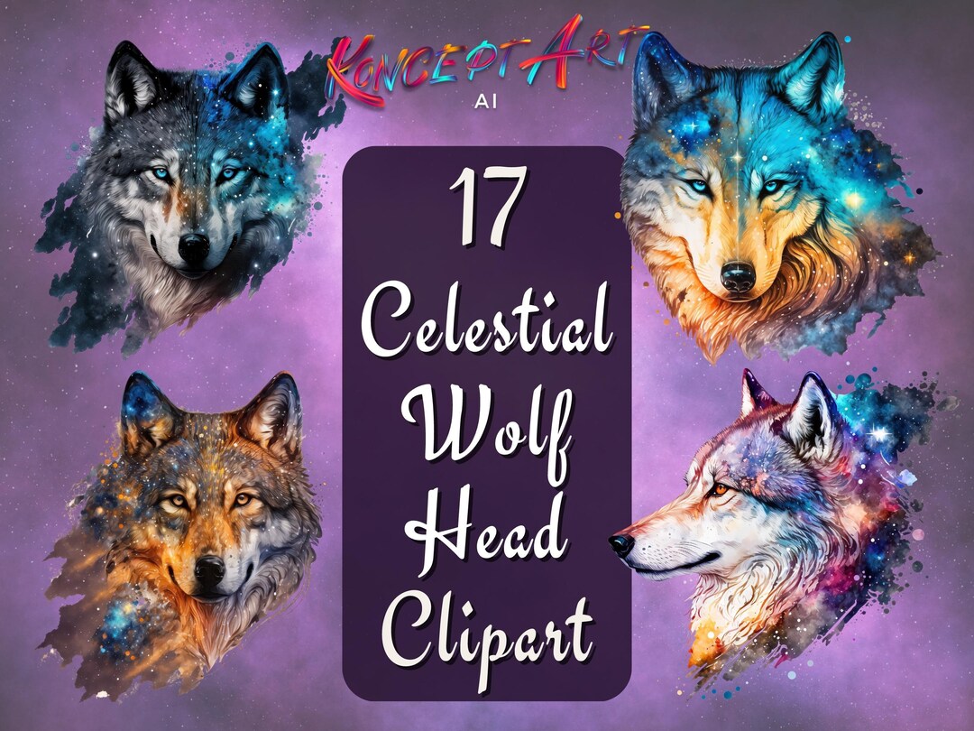 17 X Celestial Wolf Head Clipart for Scrapbooking, Card Making, Wolf