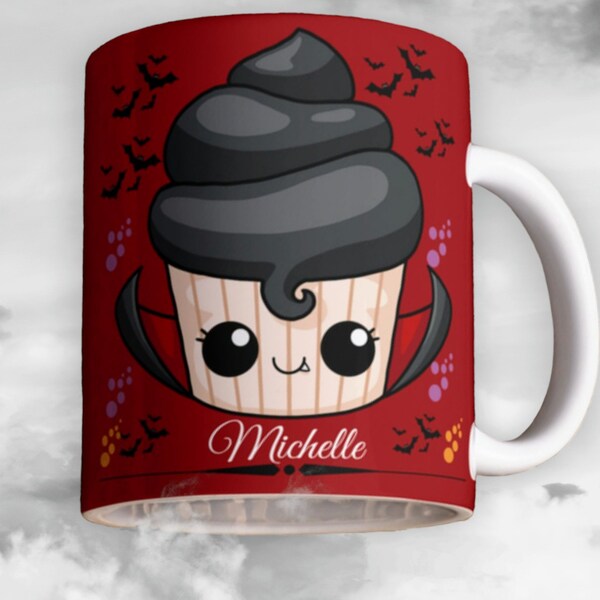 Personalized Vampire cupcake coffee mug Cute Halloween teacup  Goth Valentines mug Valloween cup Custom coffee mug Spooky coffee cup red mug