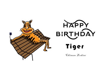 Année du zodiaque chinois tigre, carte d’anniversaire numérique, carte de signe de naissance numérique, carte d’anniversaire zodiac numérique