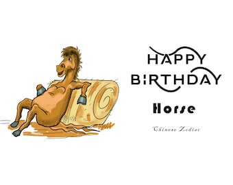 Année du cheval Zodiaque chinois, Carte d’anniversaire numérique, Carte de signe de naissance numérique, Carte d’anniversaire zodiac numérique