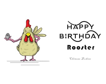 Année du zodiaque chinois du coq, carte d’anniversaire numérique, carte de signe de naissance numérique, carte d’anniversaire numérique du zodiaque