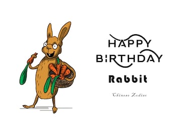 Année du lapin Zodiaque chinois, Carte d’anniversaire numérique, Carte de signe de naissance numérique, Carte d’anniversaire zodiac numérique