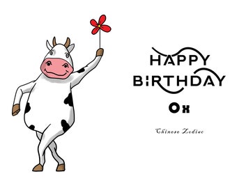 Année du Zodiaque Chinois du Buffle, Carte d’Anniversaire Numérique, Carte de Signe de Naissance Numérique, Carte d’Anniversaire Zodiac Numérique