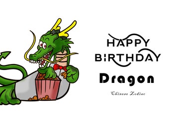Année du Dragon Zodiaque Chinois, Carte d’Anniversaire Numérique, Carte de Signe de Naissance Numérique, Carte d’Anniversaire Zodiac Numérique