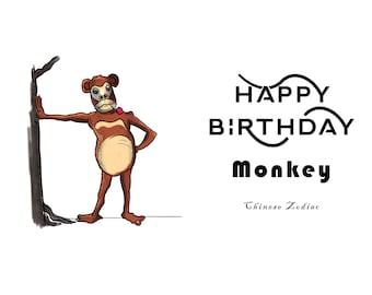 Année du zodiaque chinois du singe, carte d’anniversaire numérique, carte de signe de naissance numérique, carte d’anniversaire numérique du zodiaque