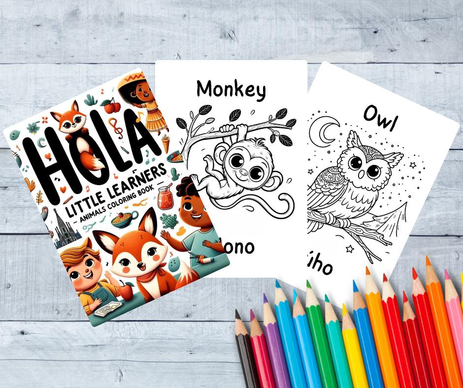 Spanish English Animal 25+ Coloring Pages for Kids | Bilingual Educational Printable | Learn Animals in Two Languages | Instant Download