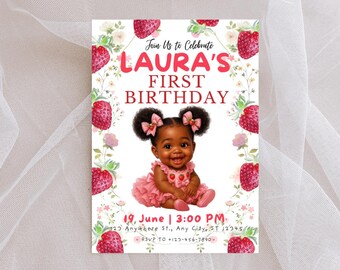 Strawberry First Birthday Invite | Pink Strawberry Baby Girl,  Afro Baby Girl, Pink Baby Shower Digital Editable Invite Template