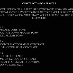 May include: Black background with white text. The text reads "CONTRACT MEGA BUNDLE" and lists various contract forms for business use, including cease and desist, model release, and photography contracts. The forms are fully customizable.