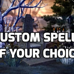 以下が含まれることがあります： ケルト十字のデザインが施された石の玉座が、神秘的な森の中に置かれています。玉座はろうそくや光る球体に囲まれています。「CUSTOM SPELL OF YOUR CHOICE」という文字が、黒い背景に白い文字で表示されています。