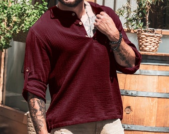 Chemise homme en mousseline bordeaux : 100 % coton léger, boutons noix de coco, haut décontracté