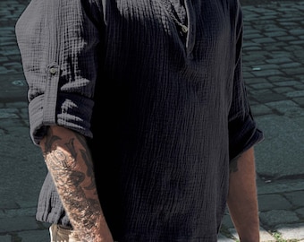 Lightweight ventilated nice eco muslin shirt with coconut buttons. Summer eligant shirt for vacation. A great gift for him.