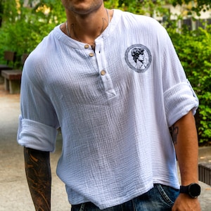 Chemise ample en mousseline pour hommes 100 % coton pour l&#39;été dans un style bohème de couleur blanche