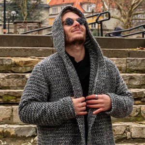 Men&#39;s gray Warm Wool Cardigan with hooded. Great gift for him. Wool jackets, coat. Winter sweater. Boho jumper for men. Unisex cardigan.