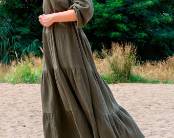 Lightweight ventilated boho muslin dress. Cotton dress in style provence. Great for vacations and warm climates.