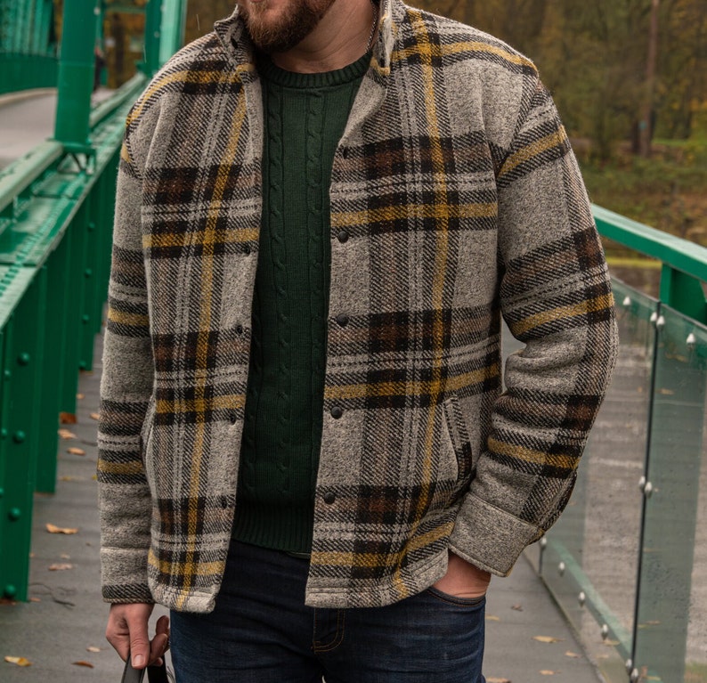 Mens warm jacket for fall and spring. The jacket is sewn from a wool house fabric with a plaid pattern. The wool jacket is very comfortable and classic cut. The jacket is very warm and keeps the wind out.