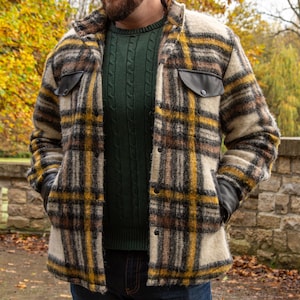 Warm plaid men&#39;s sheep wool jacket with leather trim. Business comfortable warm jacket. Wool plaid shirt with buttons. Great gift for him.