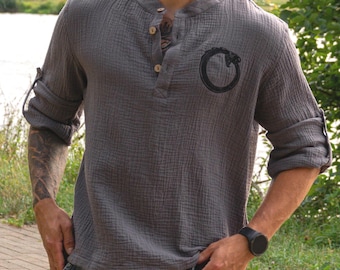 Men's Cotton Muslin Shirt: Boho Ouroboros Embroidery, Coconut Buttons