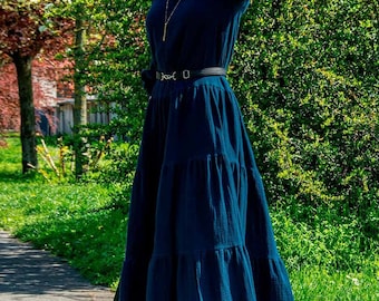 Blaues Boho-Kleid, langes Kleid aus Musselin, übergroßes Musselinkleid für Frauen, Baumwollkleid, Musselinkleid, Double-Gaze-Kleid