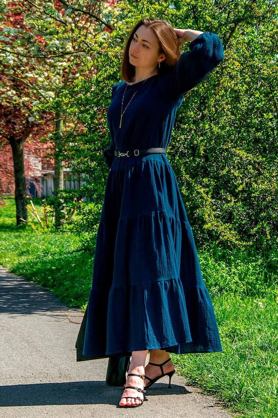 Blue Muslin Dress: Handmade Oversized Cotton Double Gauze Long Dress Blue Muslin Dress: Handmade Oversized Cotton Double Gauze Long Dress