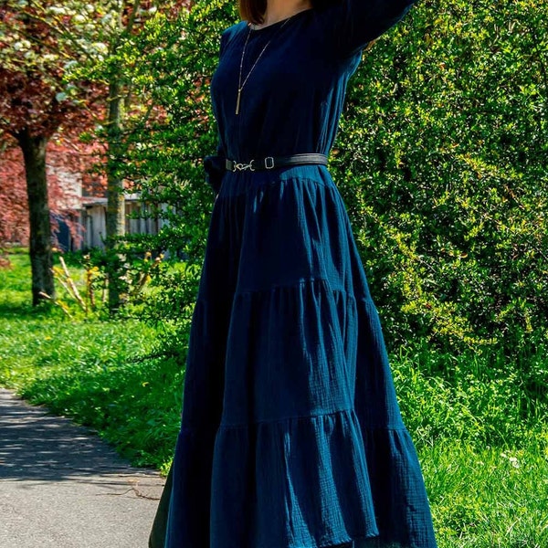 Blaues Boho-Kleid, langes Kleid aus Musselin, übergroßes Musselinkleid für Frauen, Baumwollkleid, Musselinkleid, Double-Gaze-Kleid