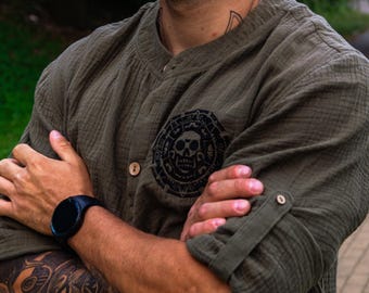 Cotton Muslin Men's Shirt: Lightweight Aztec Embroidery Vacation Shirt