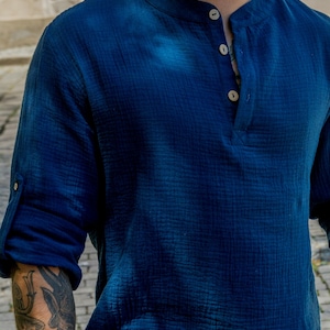 Mens muslin shirt for summer in blue color. Comfortable mens shirt for summer made of muslin (cotton). A cotton summer shirt is the perfect gift for a father, son, boyfriend or friend.