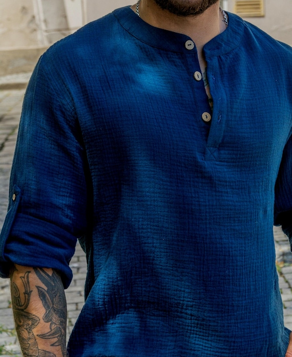 Blue Cotton Muslin Shirt: Lightweight Summer Vacation Shirt