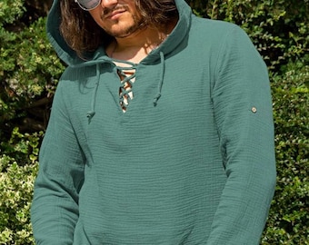 Men's Muslin Shirt with Hood and long sleeves in Mineral blue