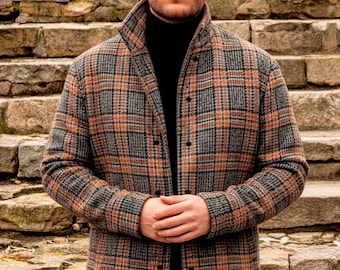 Chaqueta de lana de oveja a cuadros para hombre: marrón cálido, informal, de negocios