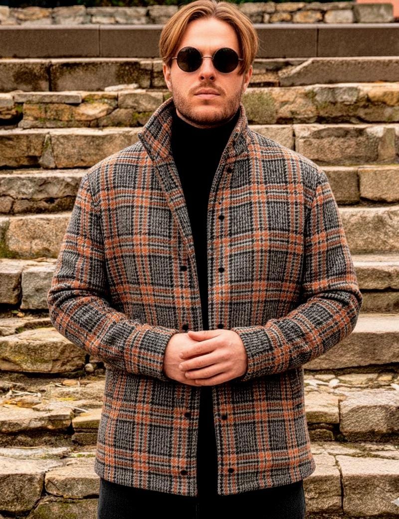 Men's Sheep Wool Plaid Shirt Jacket: Warm Brown Business Casual - Etsy