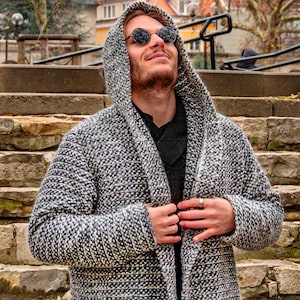 Men's Gray Wool Hooded Cardigan, Boho Winter Jacket