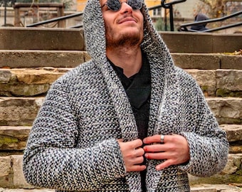 Grauer Herren Woll-Cardigan mit Kapuze, Winterpullover, Boho Unisex, Geschenk für ihn