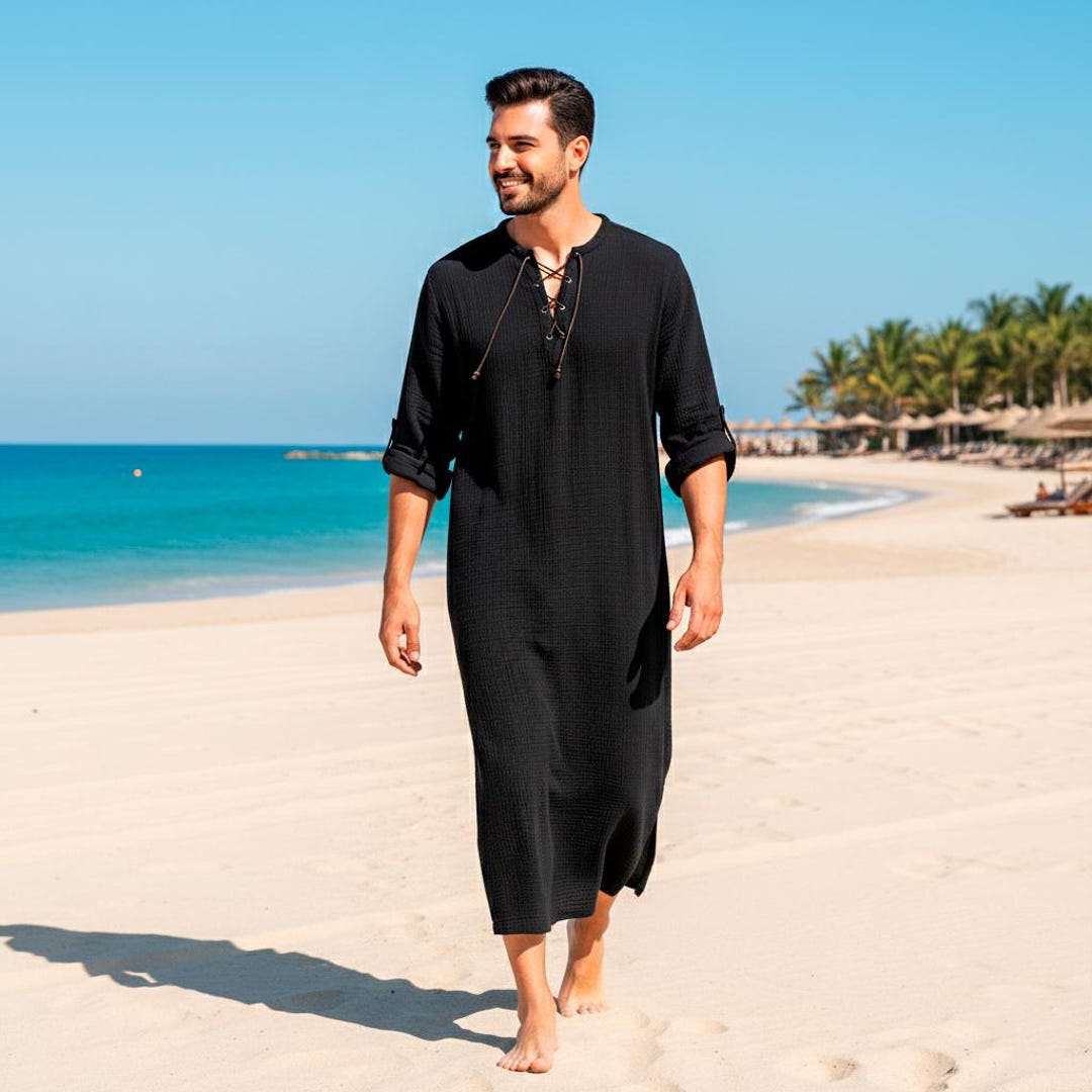 Men's Muslin Robe Men's Black Muslin Cotton Kaftan Tunic | Long Sleeve V-neck Robe - Etsy