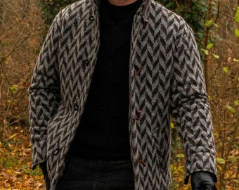 Men's Grey Wool Jacket: Geometric Plaid, Autumn Spring Coat