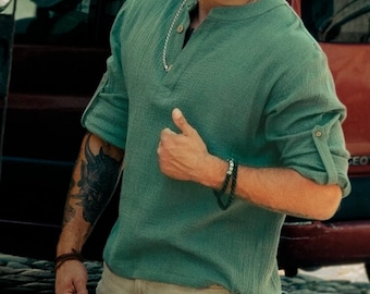 Men's Green Cotton Muslin Shirt: Summer Vacation, Coconut Buttons