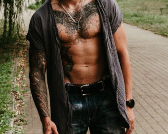 Men&#39;s Boho Cardigan, Nomad festival wear, WIZARD Kimono Cover Up, Boho muslin Shirt, Bali gray Shirt, 100% cotton, Gift for him, Beach Wear