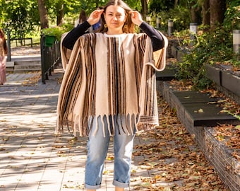 Unisex Wool Blend Striped Poncho | Beige Brown Fringe Cape (One Size) | UNISEX  Warm Thick  Cape Coat