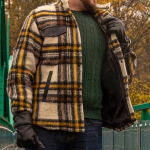Warm Sheep Wool Jacket with leather trim. Business comfortable warm jacket. Wool plaid shirt. Great gift for him. Fall western wool jacket