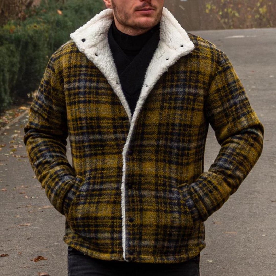 Warm Men s Wool Plaid Jacket Gray Yellow Color Geometric Pattern 