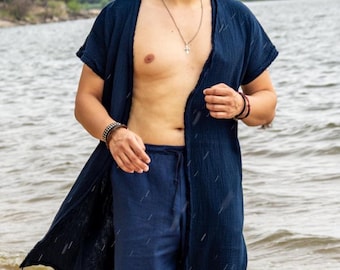 Men's Boho Muslin Cardigan, Nomad Kimono Cover Up, Beach Wear