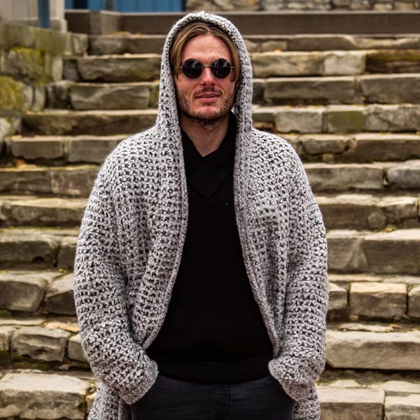 Hooded Wool Cardigan: Men's Gray Boho Knit Sweater