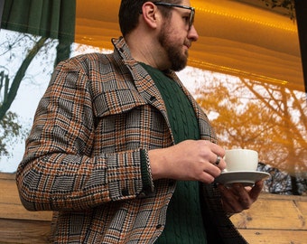 Men's wool jacket. Business comfortable comfortable warm jacket. Wool plaid shirt with buttons. Great gift for him.