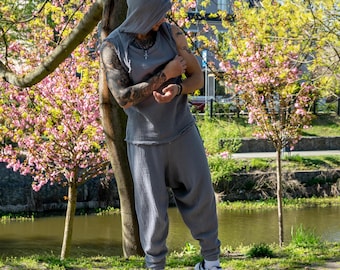 Men's Boho Muslin Hooded T-Shirt: Gray Festival Tank