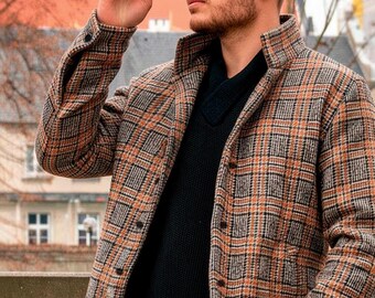 Men's Sheep Wool Plaid Shirt Jacket: Warm Brown Business Casual - Etsy